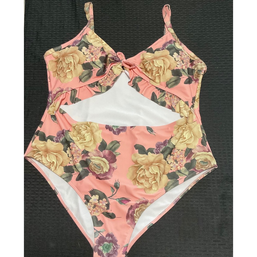 Womens 3XL Floral Cutout One Piece Swimsuit Pink Yellow Rose Ruffle Tie Front‎